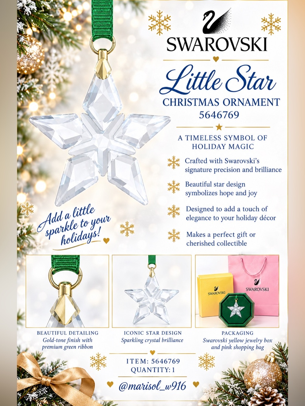 Swarovski Little Star Crystal Ornament with Green Ribbon and Gold-Tone Detail